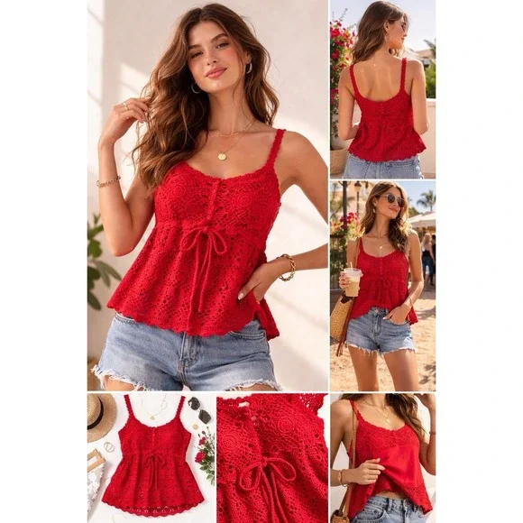 Babydoll Crochet Red Tank Top Size M BOHO Sheer Lined Bra Feminine Festival Airy - Picture 7 of 7